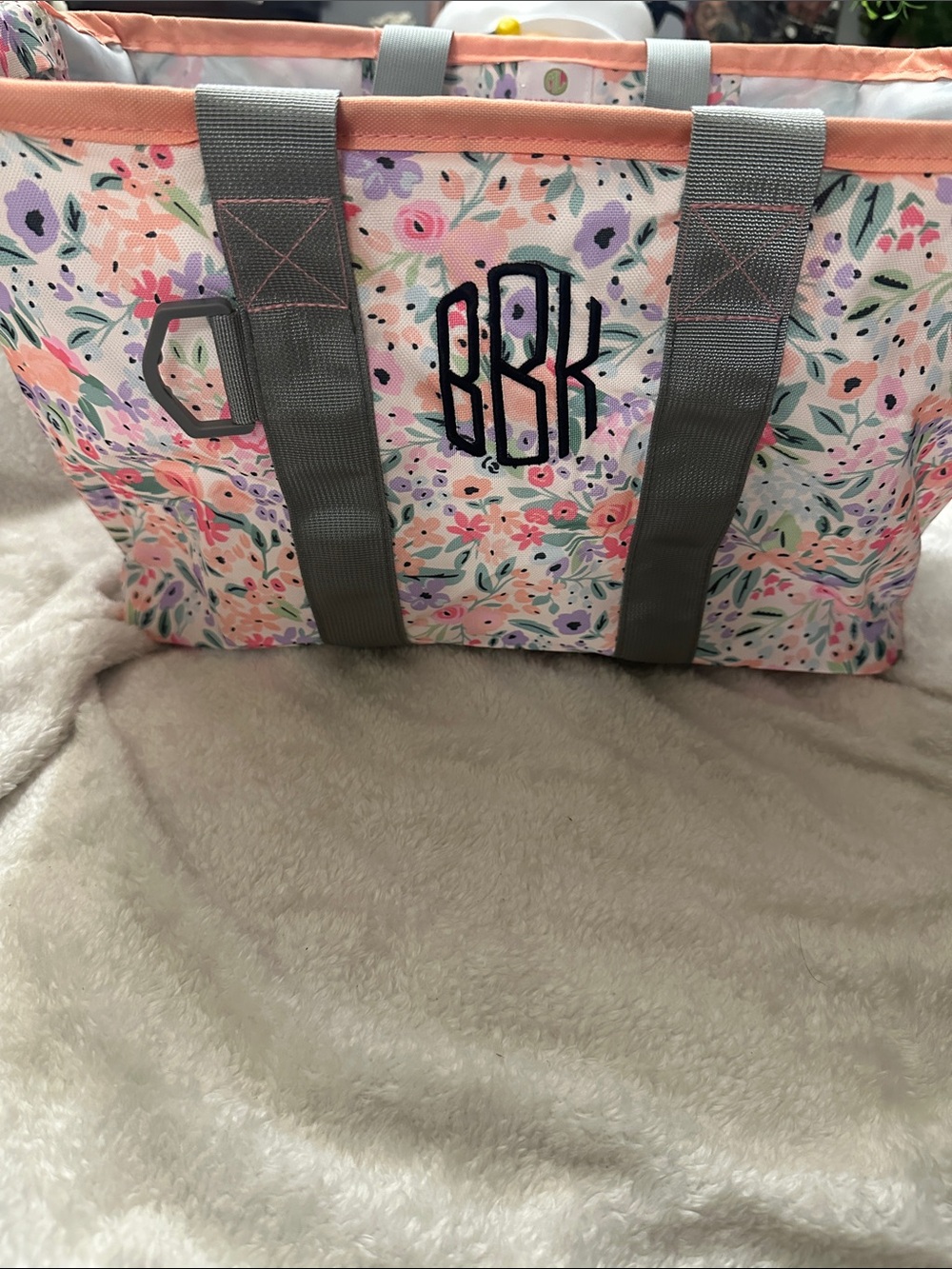 Floral Pink Tote Bag with Gray Straps - Monogram Friendly and oversized tote